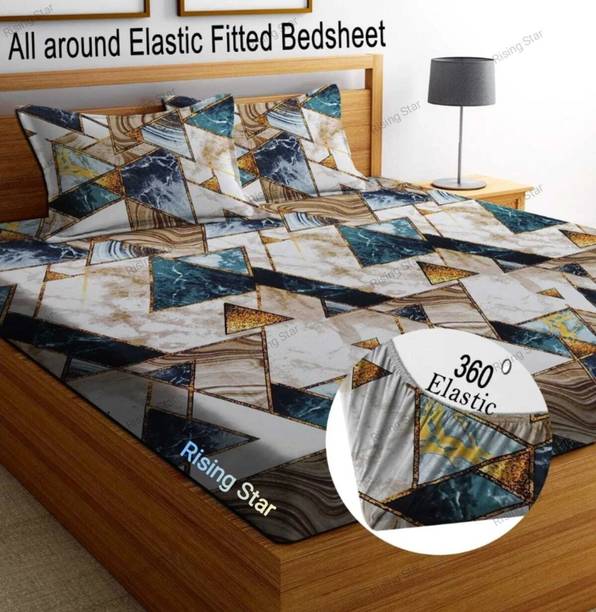RisingStar Cotton King Fitted (Elastic) 250 TC Printed 1 Bedsheet with 2 Pillow Covers