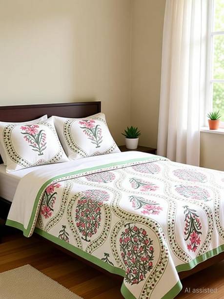 urban jaipur Cotton King Flat 300 TC Geometric 1 Bedsheet with 2 Pillow Covers