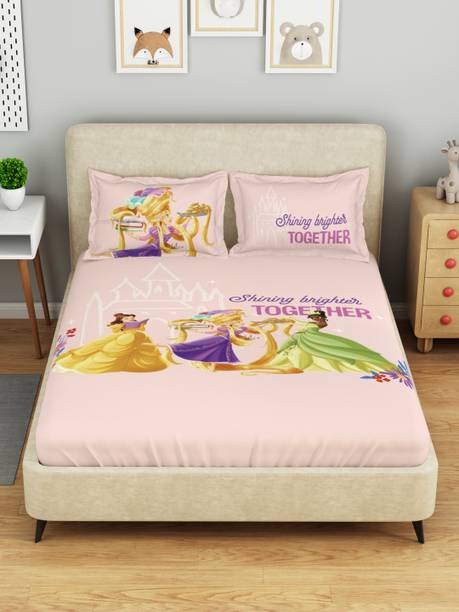 SPACES Cotton Double Flat 132 TC Cartoon 1 Bedsheet with 2 Pillow Covers