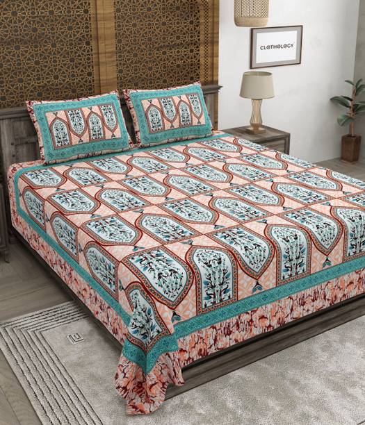 CLOTHOLOGY Cotton King Flat 240 TC Jaipuri Prints 1 Bedsheet with 2 Pillow Covers