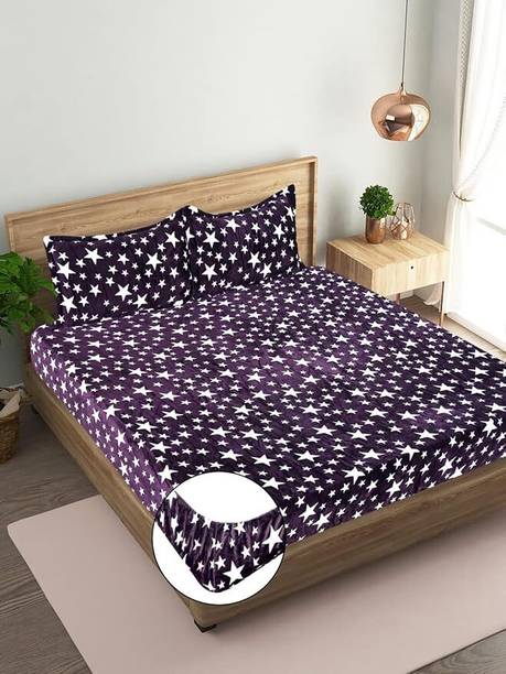 SHOPHOX Woolen, Velvet King Fitted (Elastic) 300 TC Printed Bedsheet
