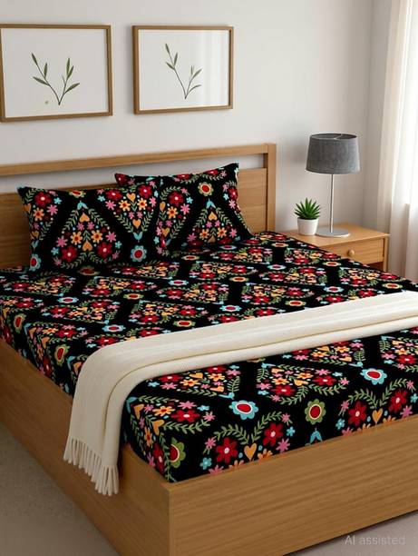 LATHWAL CREATIONS Cotton King Fitted (Elastic) 240 TC Floral 1 Bedsheet