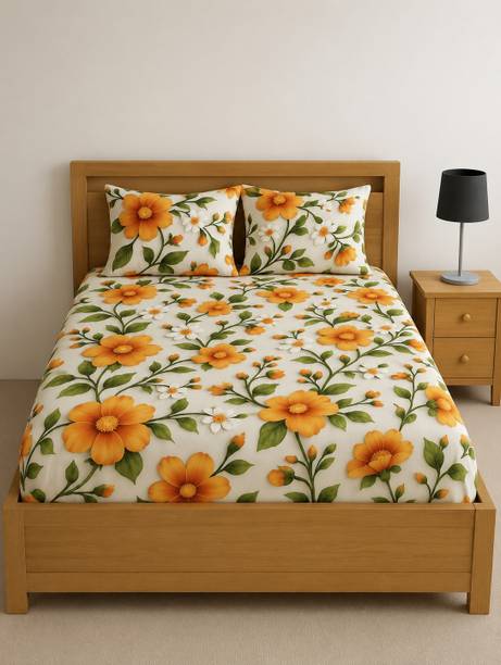 Cotton, Microfiber Double Flat 350 TC Printed 1 Summer Bedsheet with 2 Pillow Covers