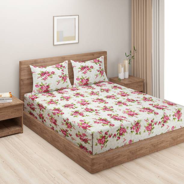 SWAYAM Cotton Double Flat 120 TC Floral 1 Bedsheet with 2 Pillow Covers