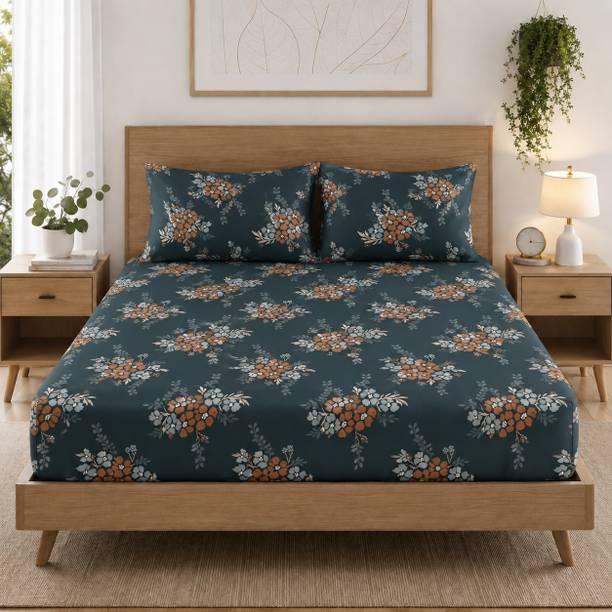 Amrange Cotton King Fitted (Elastic) 170 TC Floral 1 Bedsheet with 2 Pillow Covers