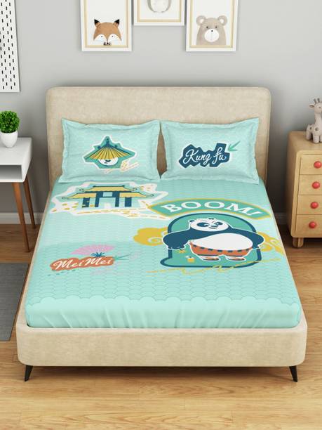 SPACES Cotton Double Flat 132 TC Cartoon 1 Bedsheet with 2 Pillow Covers
