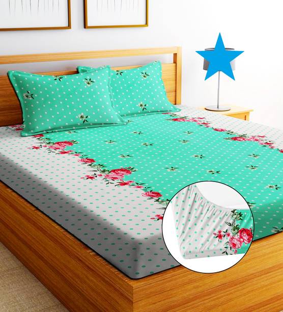EXFAB Cotton Double Fitted (Elastic) 244 TC Printed 1 Bedsheet with 2 Pillow Covers