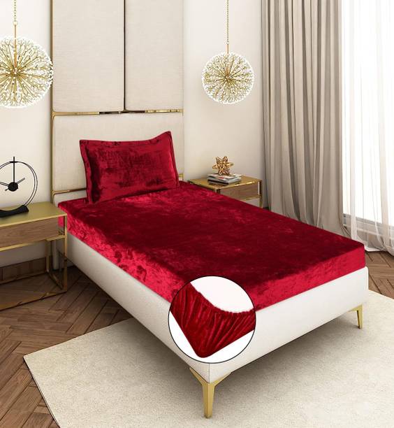 CRAFTEAL Velvet Single Fitted (Elastic) 300 TC Solid 1 Summer Bedsheet with 2 Pillow Covers