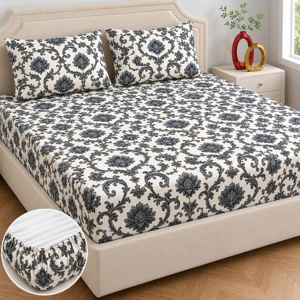 RisingStar Cotton Double, King Fitted (Elastic) 400 TC 7D Digital 1 Bedsheet with 2 Pillow Covers