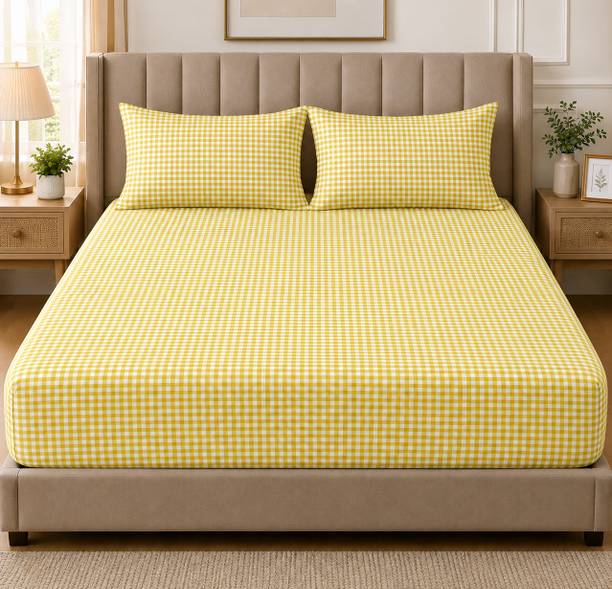 Amrange Cotton Double Fitted (Elastic) 210 TC Checkered 1 Bedsheet with 2 Pillow Covers