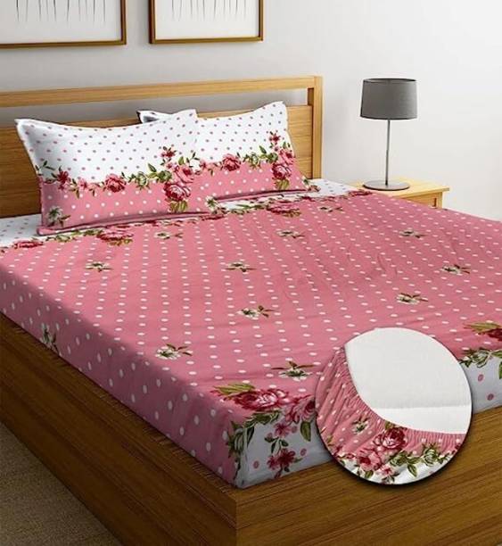 HOMETIC 320 TC Cotton Double Self Design Fitted (Elastic) Bedsheet