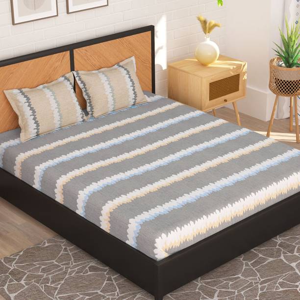 Story@home Microfiber Double Flat 160 TC Printed 1 Bedsheet with 2 Pillow Covers Grey, White