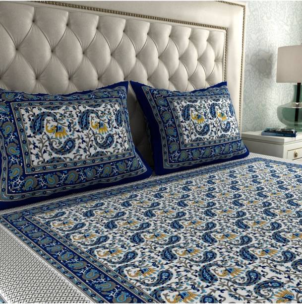 Manshar Cotton Double Flat 144 TC Jaipuri Prints 1 Bedsheet with 2 Pillow Covers