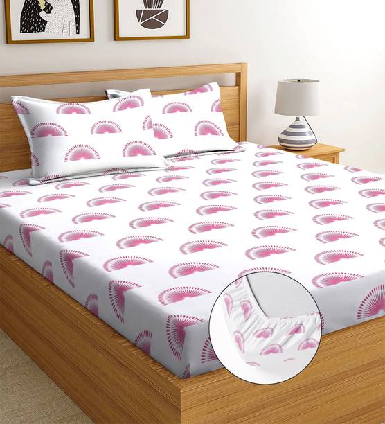 BLUEDOT Cotton King Fitted (Elastic) 244 TC Printed 1 Bedsheet with 2 Pillow Covers