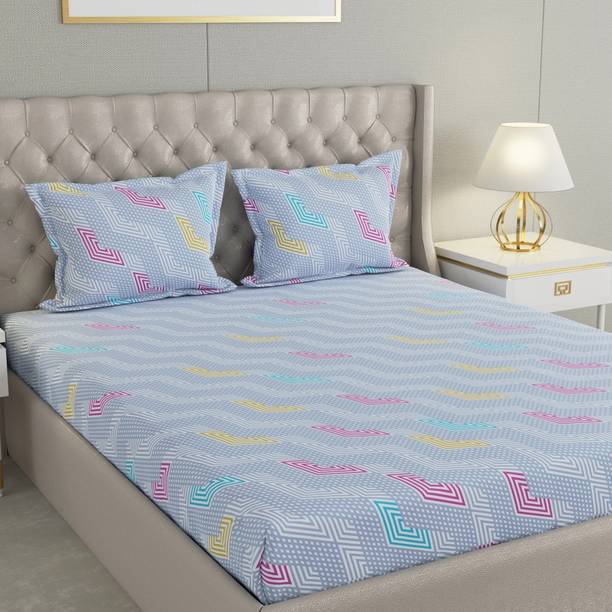Raymond Home Cotton Super King Flat 200 TC Geometric 1 Bedsheet with 2 Pillow Covers