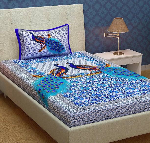 Homeline Cotton Single Flat 144 TC Jaipuri Prints 1 Bedsheet with 2 Pillow Covers