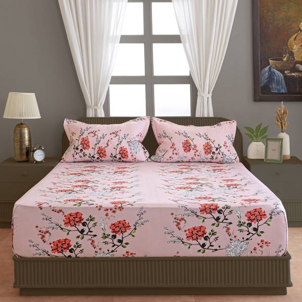 SWAYAM Cotton Double Flat 210 TC Floral 1 Bedsheet with 2 Pillow Covers