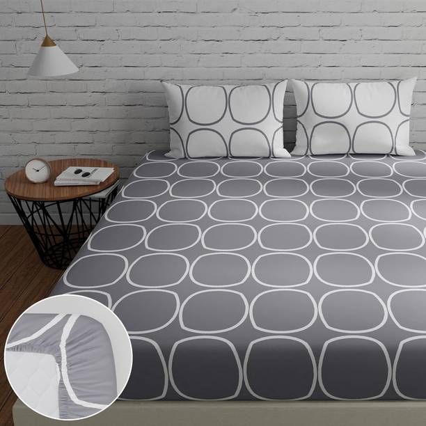 Huesland Cotton King Fitted (Elastic) 144 TC Geometric Bedsheet
