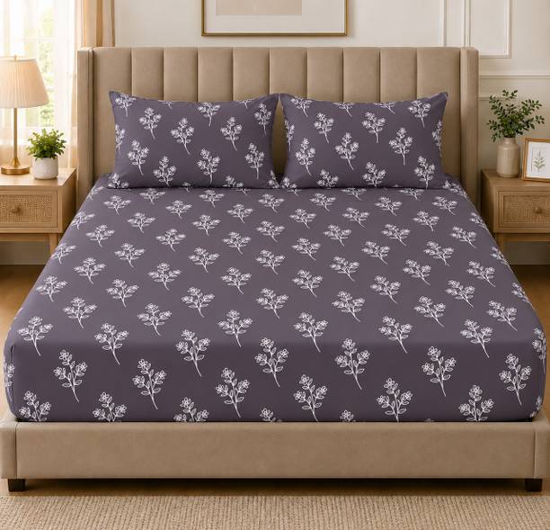 Amrange Cotton Double, King Fitted (Elastic) 210 TC Floral 1 Bedsheet with 2 Pillow Covers
