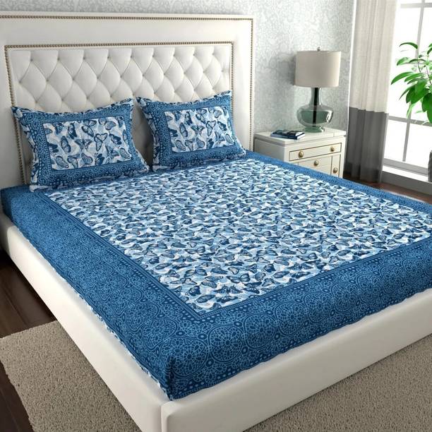 Jeevat Cotton Double Flat 144 TC Jaipuri Prints 1 Bedsheet with 2