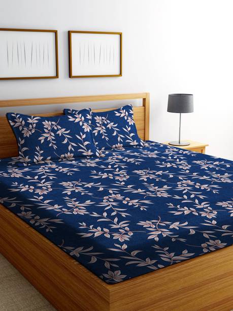 EXFAB Cotton Double Fitted (Elastic) 244 TC Printed 1 Bedsheet with 2 Pillow Covers