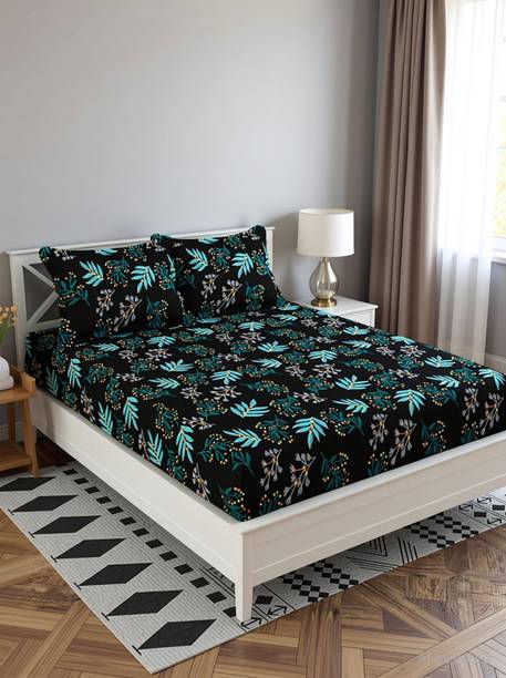 Goodrik Microfiber Double Fitted (Elastic) 210 TC Floral 1 Bedsheet with 2 Pillow Covers