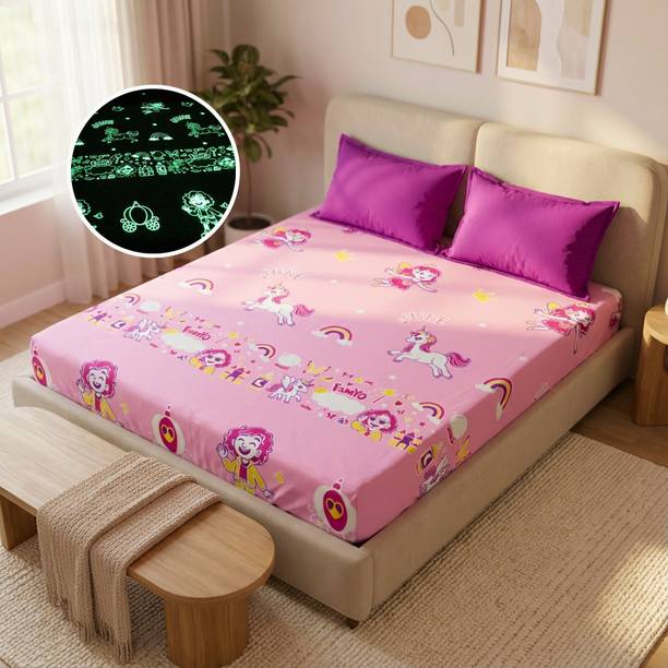 Famyo Microfiber King Fitted (Elastic) 300 TC Cartoon 1 Summer Bedsheet with 2 Pillow Covers
