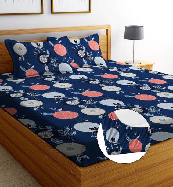 ANIKET Cotton Double Fitted (Elastic) 160 TC Printed 1 Bedsheet with 2 Pillow Covers