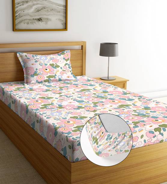 BLUEDOT Cotton Single Fitted (Elastic) 240 TC Printed 1 Bedsheet