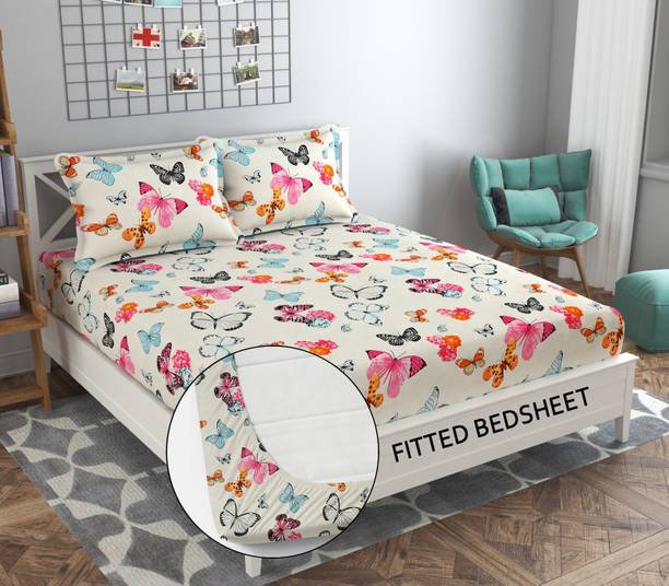 Shivi Creation 170 TC Cotton King Printed Fitted (Elastic) Bedsheet