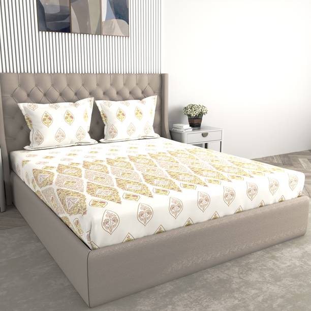 Raymond Home Cotton King Fitted (Elastic) 210 TC Printed 1 Summer Bedsheet with 2 Pillow Covers