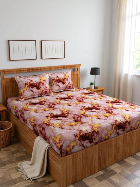 OOA Cotton King Fitted (Elastic) 280 TC Floral 1 Bedsheet with 2 Pillow Covers