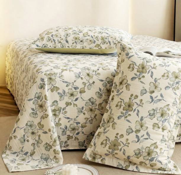 SANMARINO Cotton King Flat 210 TC Floral 1 Summer Bedsheet with 2 Pillow Covers