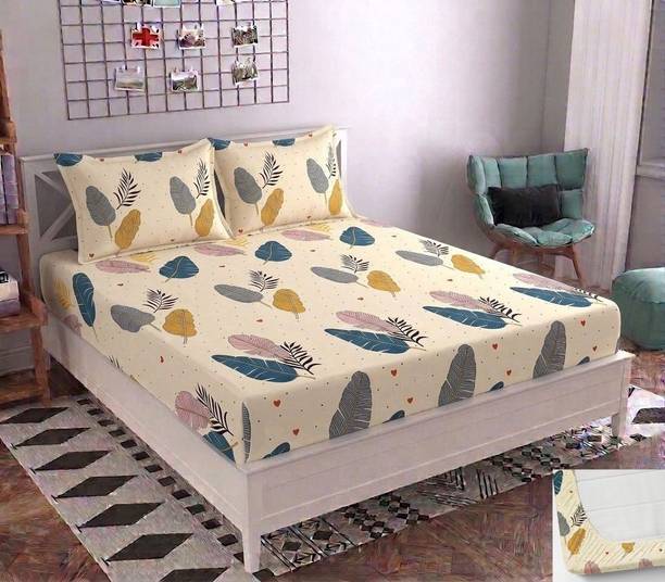 BLUEDOT Cotton King Fitted (Elastic) 244 TC Printed 1 Summer Bedsheet with 2 Pillow Covers