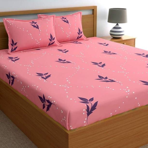 Yogini Cotton Blend Double Fitted (Elastic) 240 TC Floral 1 Bedsheet with 2 Pillow Covers