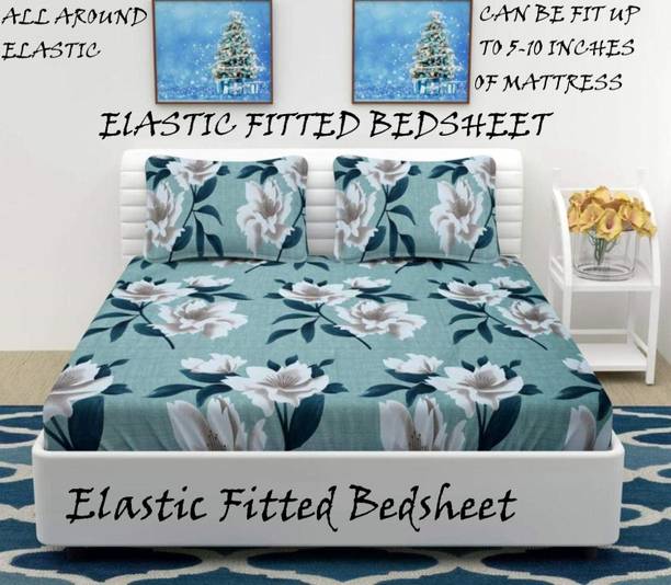 अमरंगे कॉटन किंग फिटेड (elastic) 210 TC ऐब्स्ट्रैक्ट 1 बेडशीट  के साथ 2पिलो कवर्स