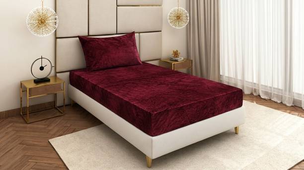CRAFTEAL Velvet Single Fitted (Elastic) 250 TC Floral 1 Winter Bedsheet