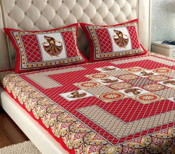 VIKANJALI FAB Cotton Double Flat 144 TC Jaipuri Prints 1 Bedsheet with 2 Pillow Covers