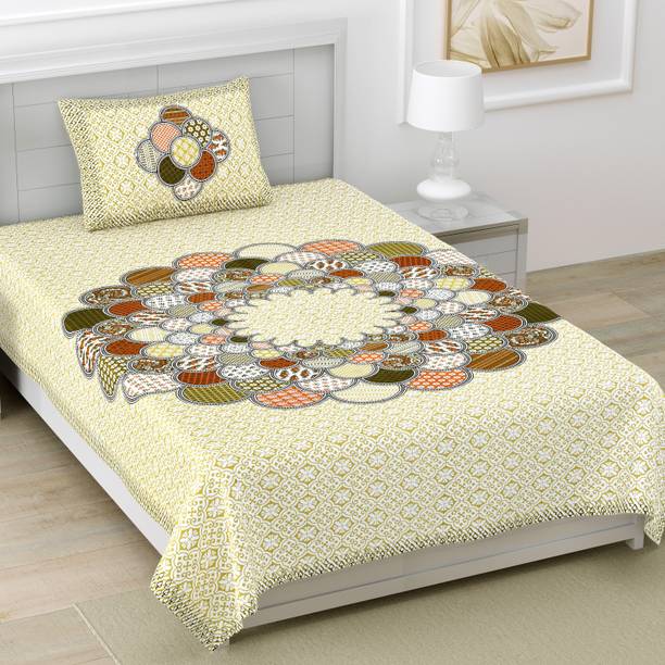 BharatLinen 144 TC Cotton Single Jaipuri Prints Flat Bedsheet