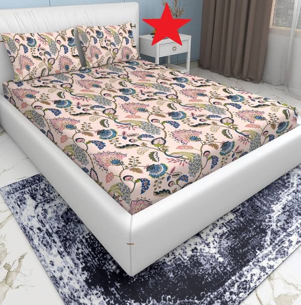 EXFAB Cotton King Fitted (Elastic) 244 TC Printed 2 Bedsheets with 4 Pillow Covers