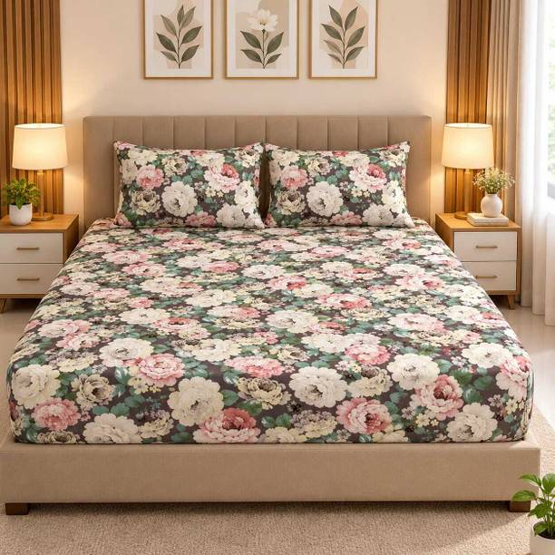 EXFAB Cotton Double Fitted (Elastic) 244 TC Printed 1 Summer Bedsheet with 2 Pillow Covers