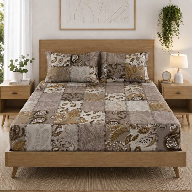 Amrange Cotton King Fitted (Elastic) 170 TC Floral 1 Bedsheet with 2 Pillow Covers