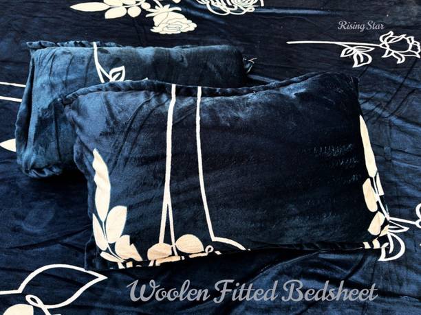 RisingStar Woolen King Fitted (Elastic) 400 TC Floral 1 Bedsheet with 2 Pillow Covers