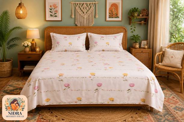 Cotton Blend Super King Flat 200 TC Floral 1 Summer Bedsheet with 2 Pillow Covers