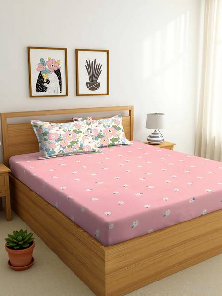 SUKHAURA Cotton Double Fitted (Elastic) 244 TC Printed 1 Bedsheet with 2 Pillow Covers