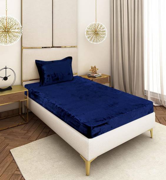 CRAFTEAL Velvet Single Fitted (Elastic) 300 TC Solid 1 Bedsheet with 2 Pillow Covers