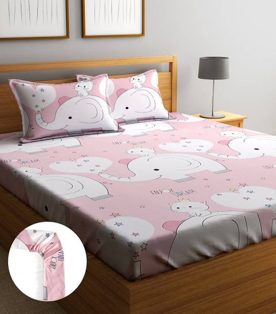 Home Sizzler 144 TC Microfiber Double Cartoon Fitted (Elastic) Bedsheet