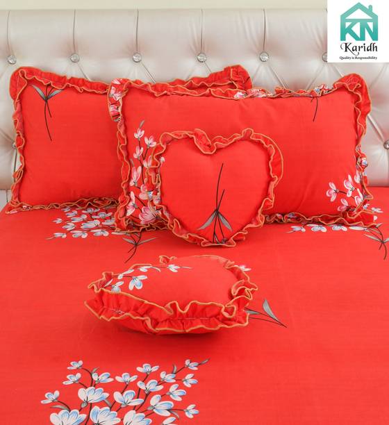 KARIDH Cotton King Flat 320 TC Printed 1 Bedsheet with 2 Pillow Covers, 2 Cushion Covers