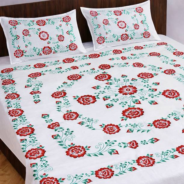 SK Creation Cotton King Flat 140 TC Text Print 1 Summer Bedsheet with 2 Pillow Covers, 1 Cushion Covers