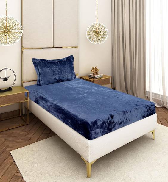 CRAFTEAL Velvet Single Fitted (Elastic) 300 TC Solid 1 Bedsheet with 2 Pillow Covers